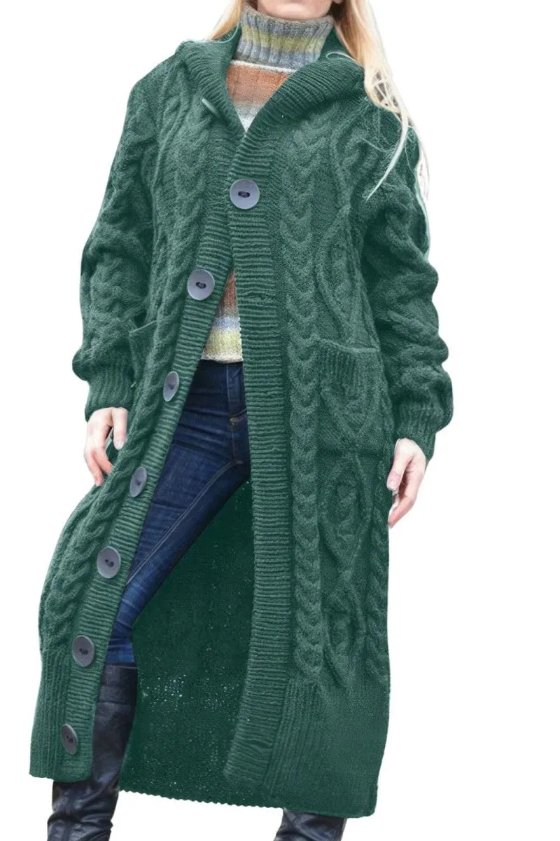Chouyatou Women's Long Sleeve Hooded Cardigan Chunky Cable Knit Plus Size Over Knee Duster Coat with Pockets