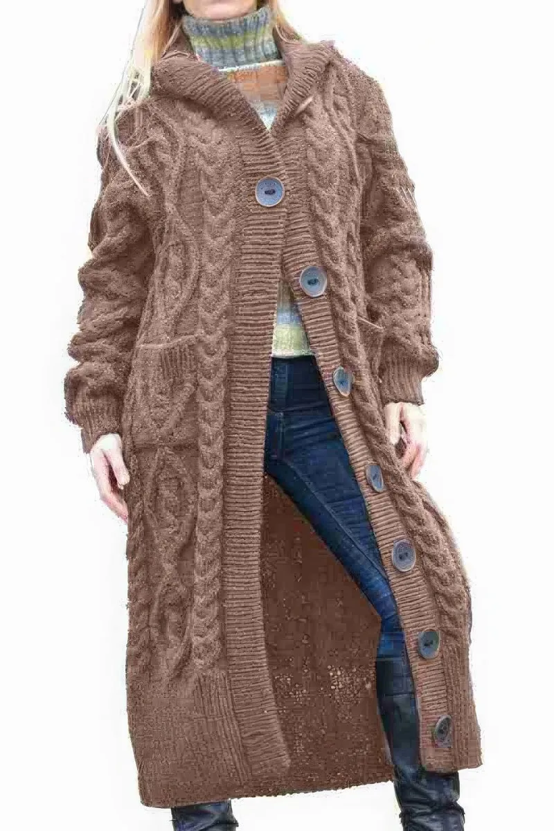 Chouyatou Women's Long Sleeve Hooded Cardigan Chunky Cable Knit Plus Size Over Knee Duster Coat with Pockets
