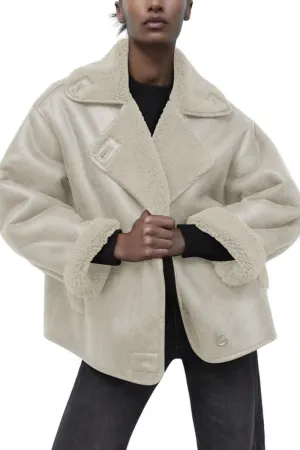 Chouyatou Women's Winter Sherpa Lined Faux Leather Jacket Casual Motorcycle Oversized Leather Jacket