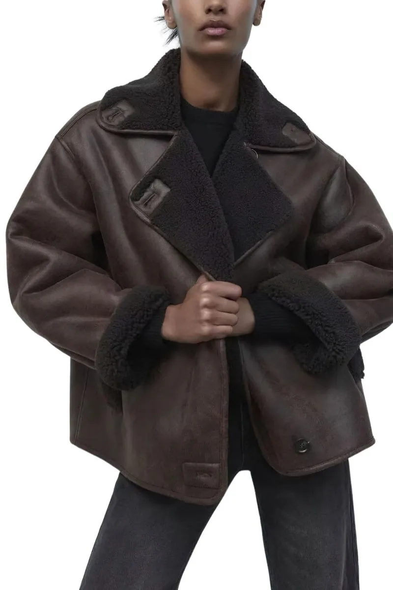 Chouyatou Women's Winter Sherpa Lined Faux Leather Jacket Casual Motorcycle Oversized Leather Jacket