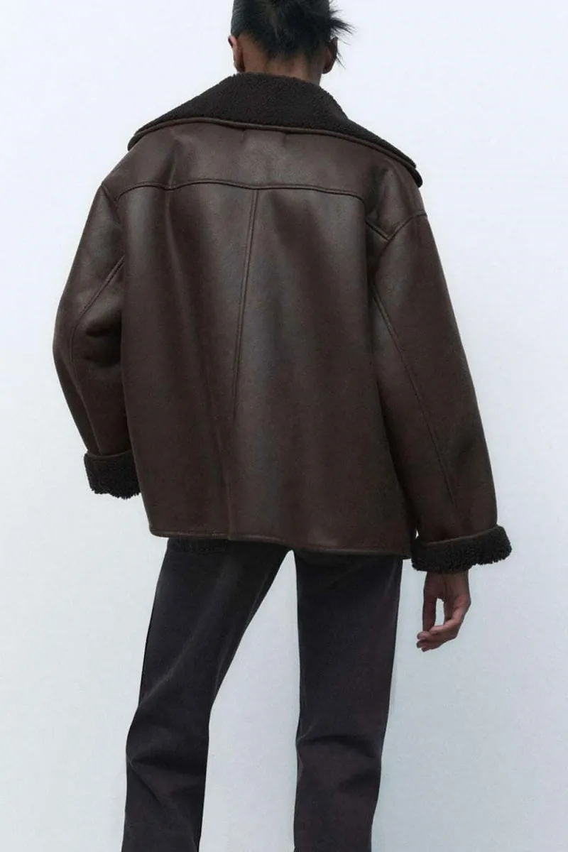 Chouyatou Women's Winter Sherpa Lined Faux Leather Jacket Casual Motorcycle Oversized Leather Jacket