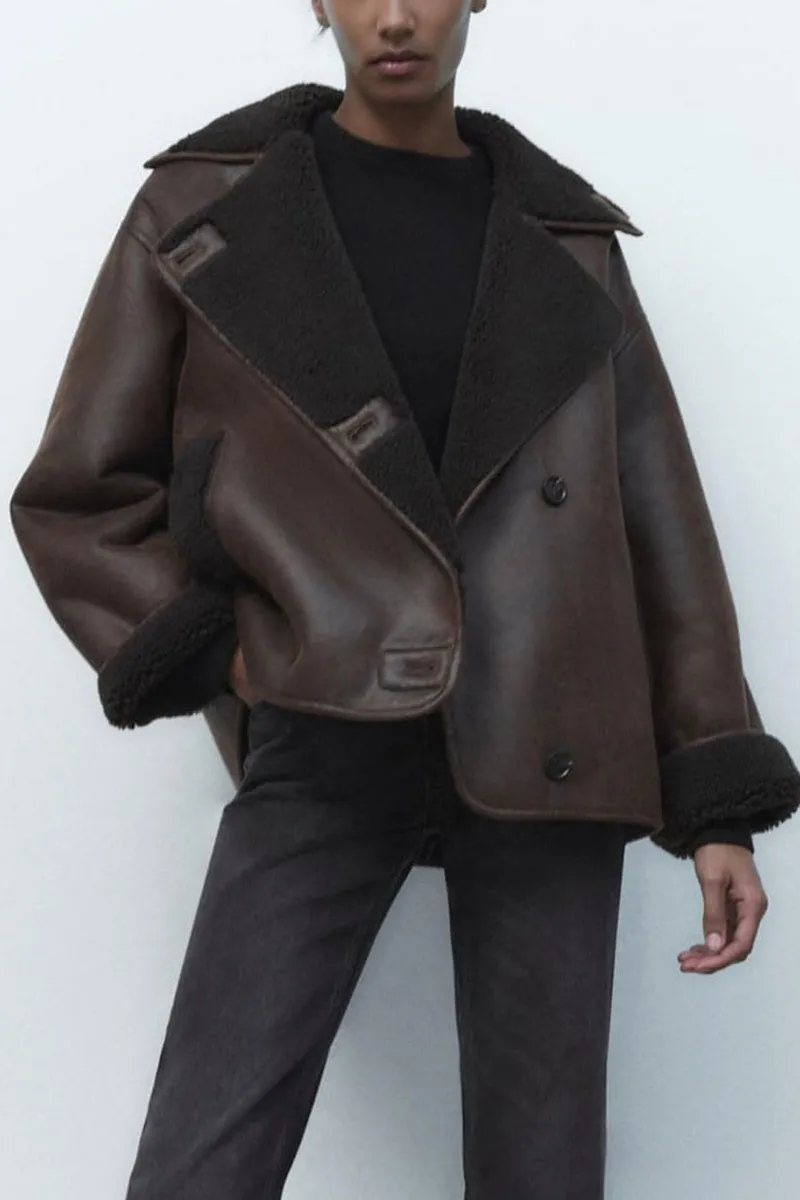 Chouyatou Women's Winter Sherpa Lined Faux Leather Jacket Casual Motorcycle Oversized Leather Jacket