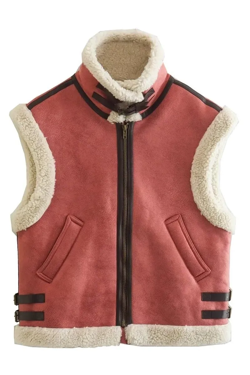 Chouyatou Women's Winter Warm Suede Sherpa Leather Vest Jacket Zip Up Sleeveless Lambwool Fur Coat with Pockets
