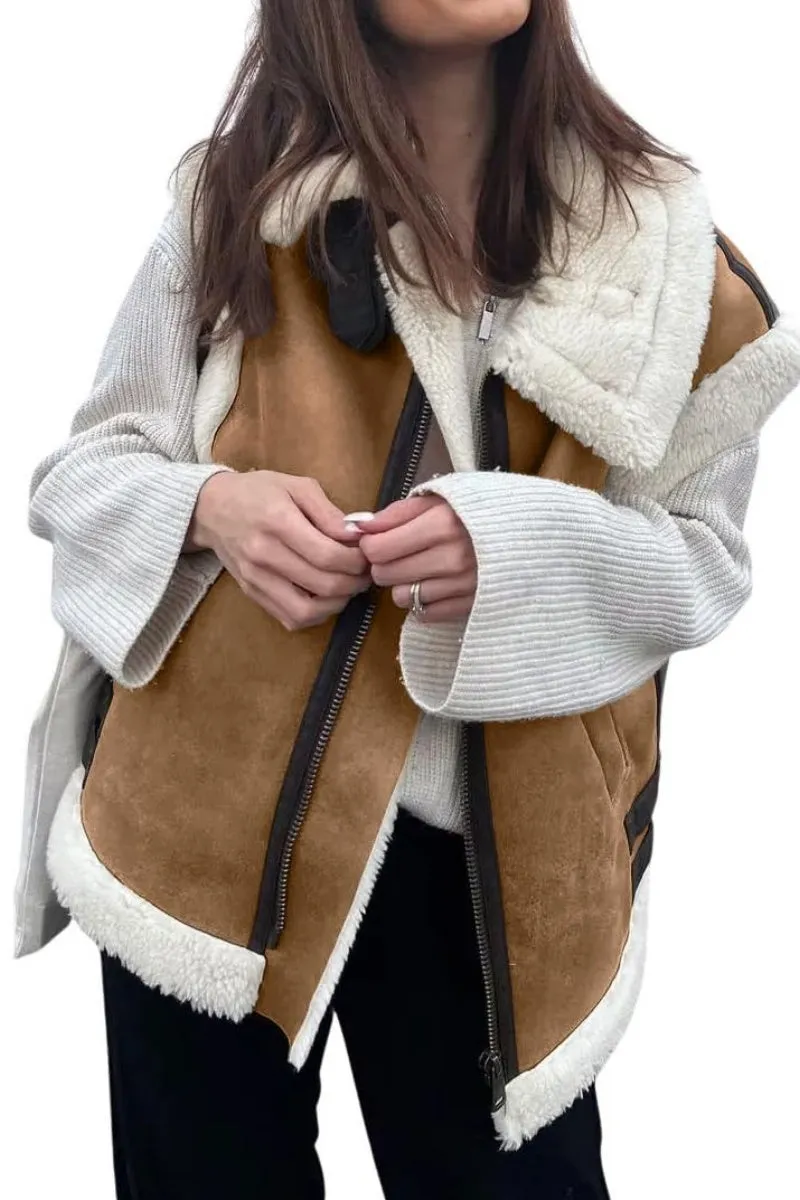 Chouyatou Women's Winter Warm Suede Sherpa Leather Vest Jacket Zip Up Sleeveless Lambwool Fur Coat with Pockets