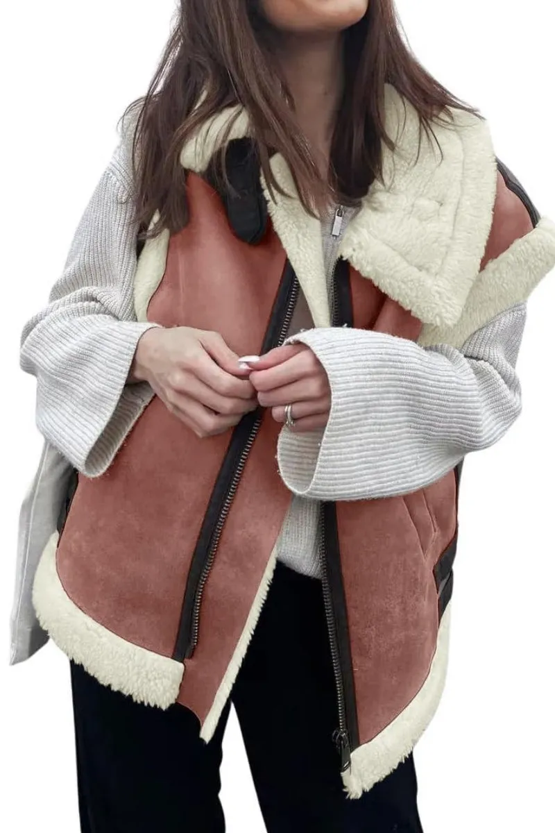 Chouyatou Women's Winter Warm Suede Sherpa Leather Vest Jacket Zip Up Sleeveless Lambwool Fur Coat with Pockets