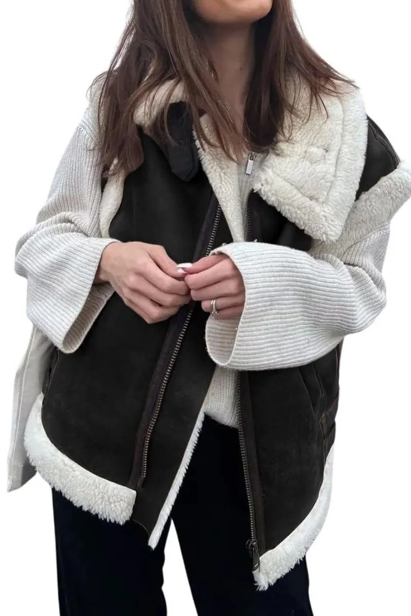 Chouyatou Women's Winter Warm Suede Sherpa Leather Vest Jacket Zip Up Sleeveless Lambwool Fur Coat with Pockets