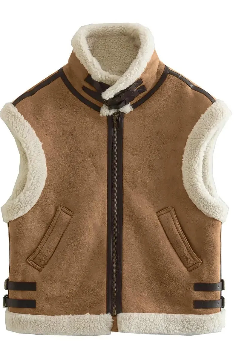 Chouyatou Women's Winter Warm Suede Sherpa Leather Vest Jacket Zip Up Sleeveless Lambwool Fur Coat with Pockets