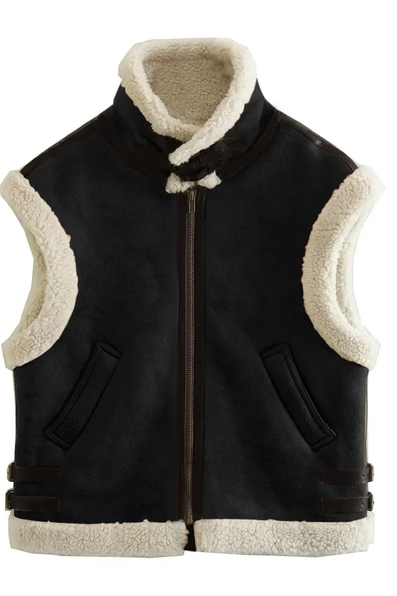 Chouyatou Women's Winter Warm Suede Sherpa Leather Vest Jacket Zip Up Sleeveless Lambwool Fur Coat with Pockets