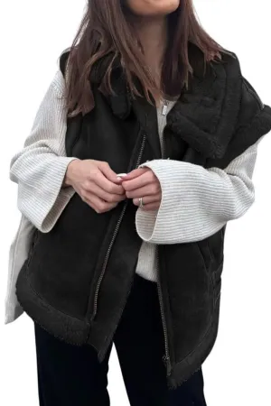 Chouyatou Women's Winter Warm Suede Sherpa Leather Vest Jacket Zip Up Sleeveless Lambwool Fur Coat with Pockets