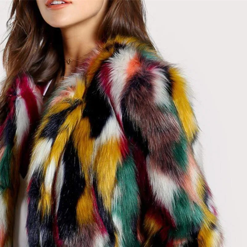 Colorful Collarless Faux Fur Coats