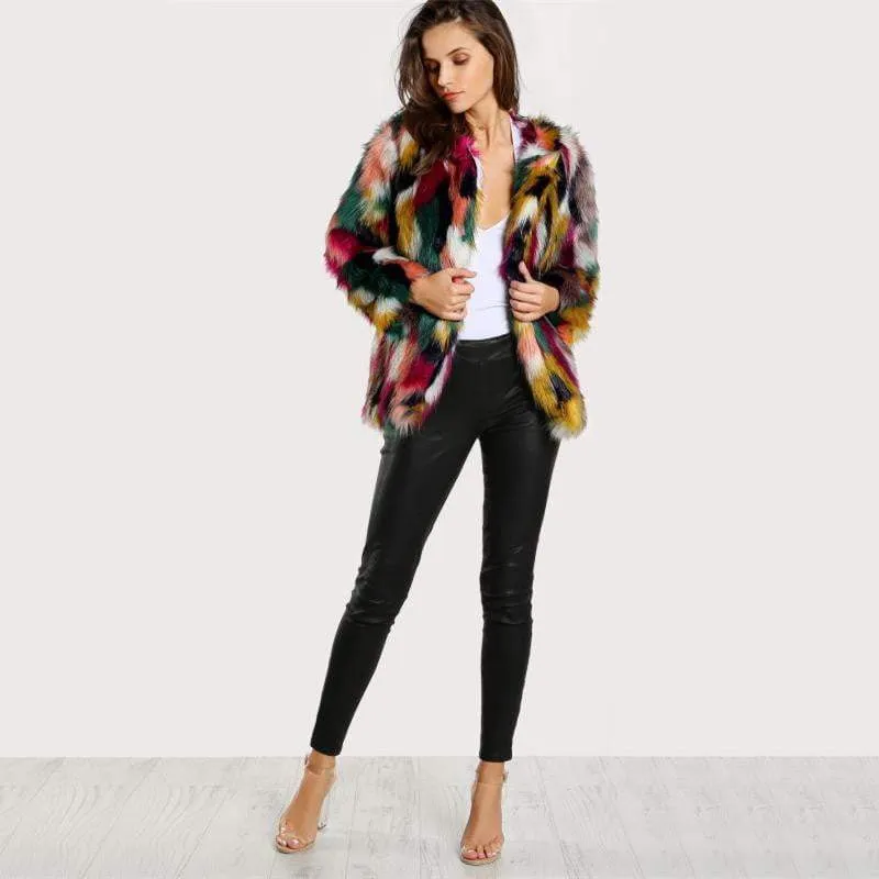 Colorful Collarless Faux Fur Coats
