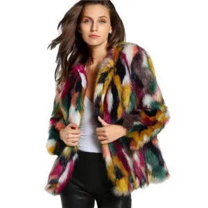 Colorful Collarless Faux Fur Coats