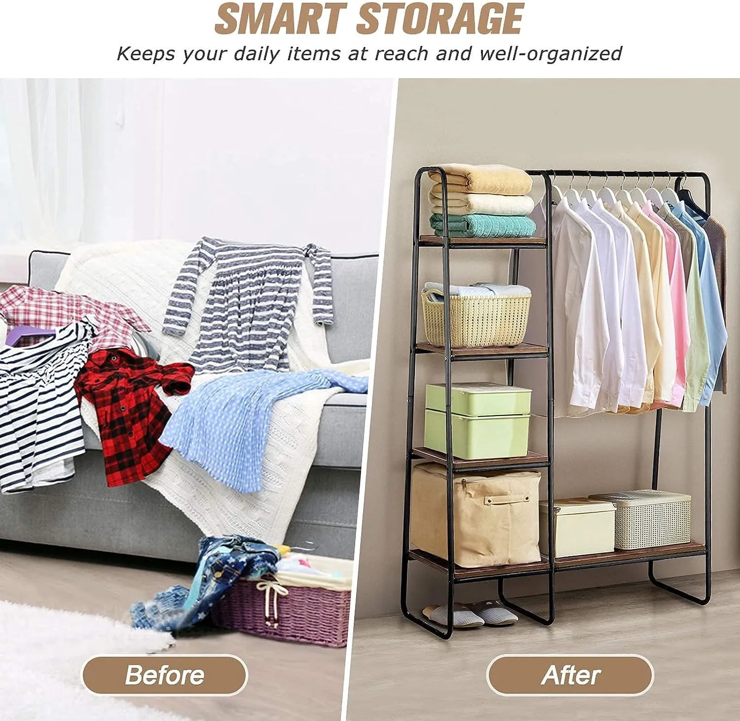 COOKCOK Clothing Rack Garment Rack with Shelves Wardrobe Rack Freestanding Closet Racks with Metal Hanger Rod and 4-Tier Wood Shelves Heavy Duty Clothes Rack for Bedroom Living Room Entryway, Brown