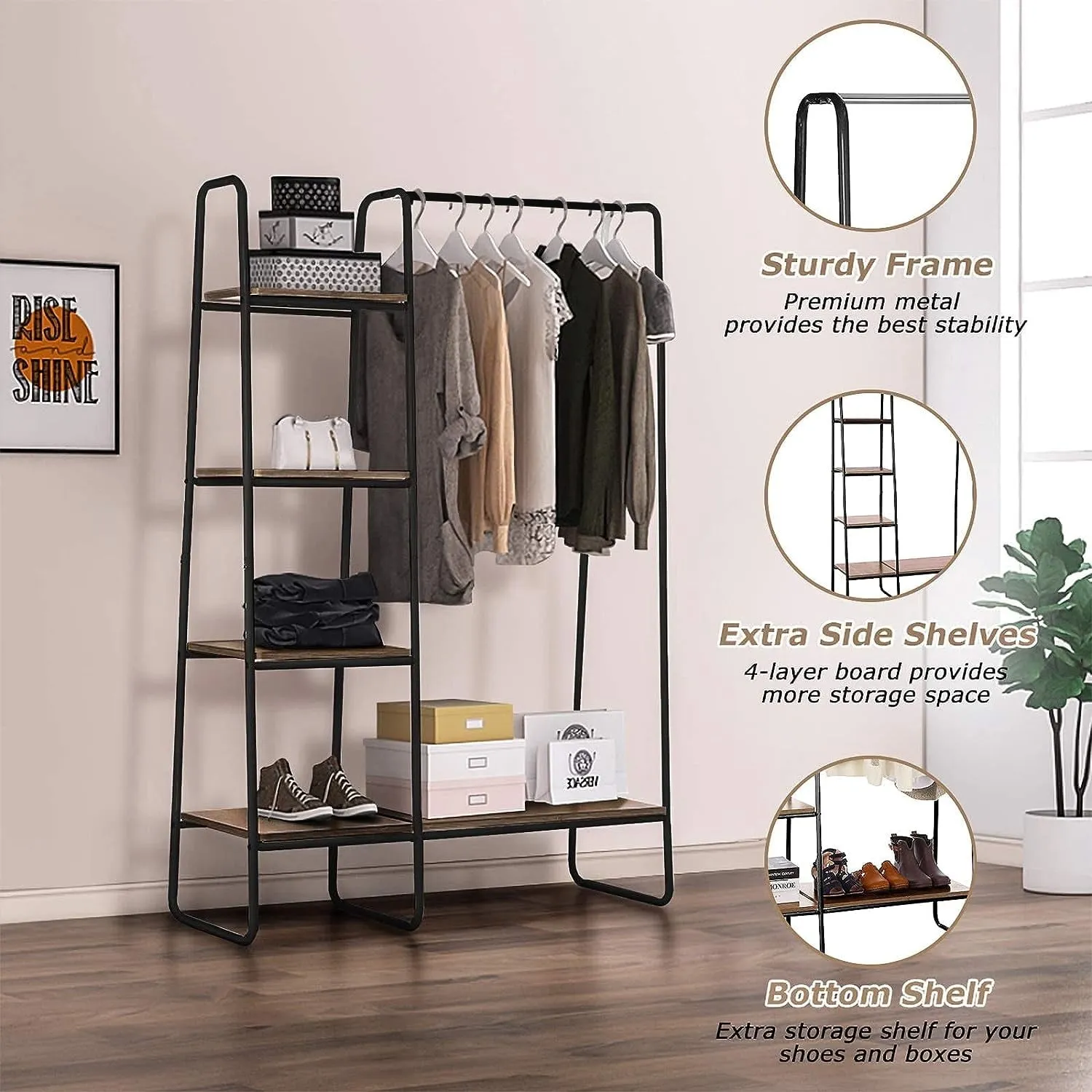 COOKCOK Clothing Rack Garment Rack with Shelves Wardrobe Rack Freestanding Closet Racks with Metal Hanger Rod and 4-Tier Wood Shelves Heavy Duty Clothes Rack for Bedroom Living Room Entryway, Brown