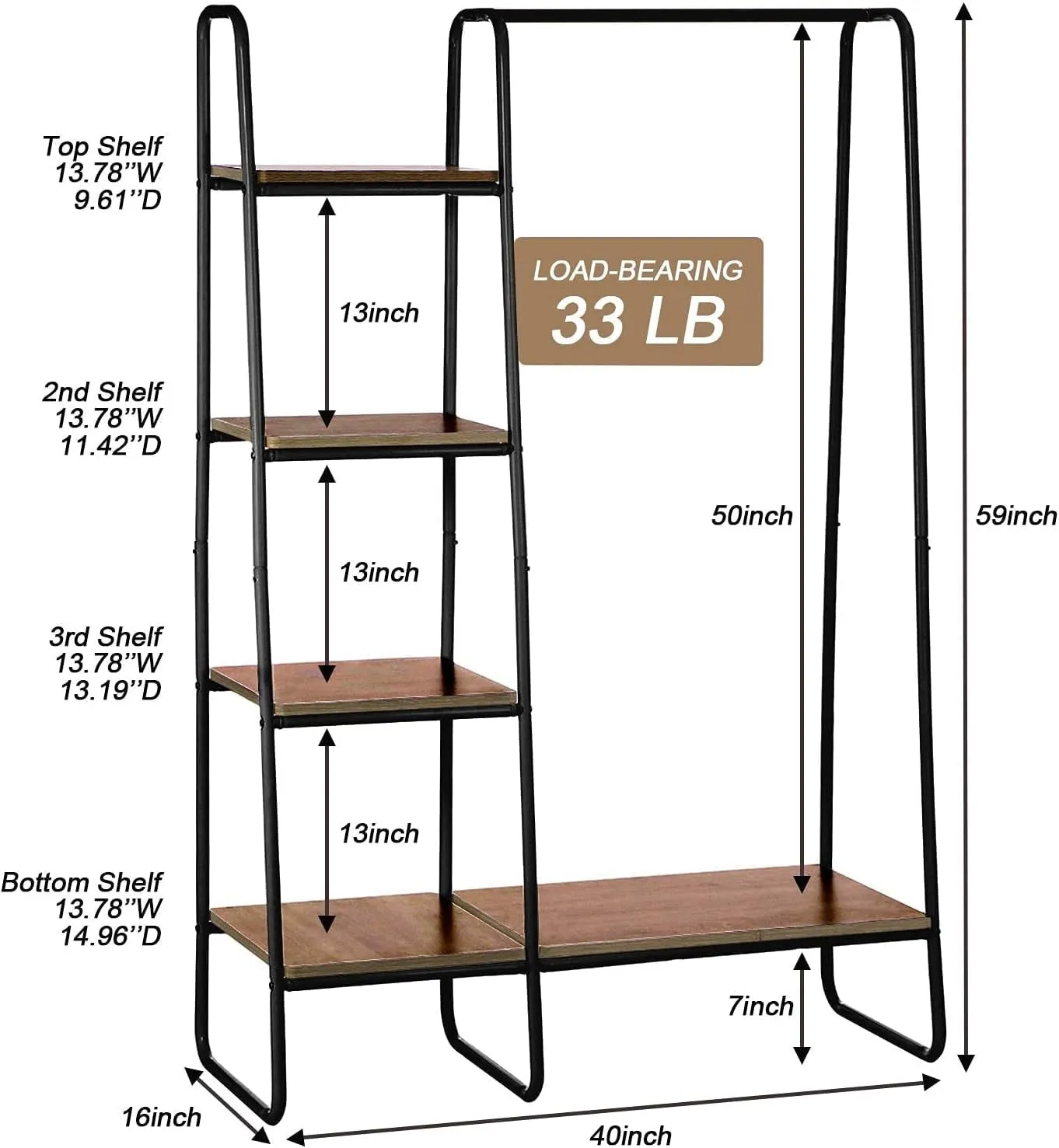 COOKCOK Clothing Rack Garment Rack with Shelves Wardrobe Rack Freestanding Closet Racks with Metal Hanger Rod and 4-Tier Wood Shelves Heavy Duty Clothes Rack for Bedroom Living Room Entryway, Brown