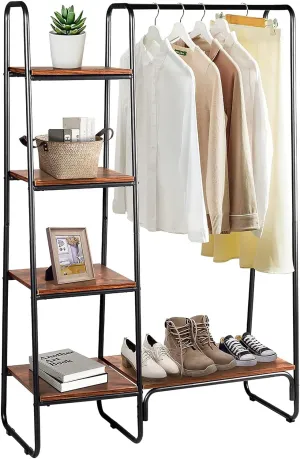 COOKCOK Clothing Rack Garment Rack with Shelves Wardrobe Rack Freestanding Closet Racks with Metal Hanger Rod and 4-Tier Wood Shelves Heavy Duty Clothes Rack for Bedroom Living Room Entryway, Brown