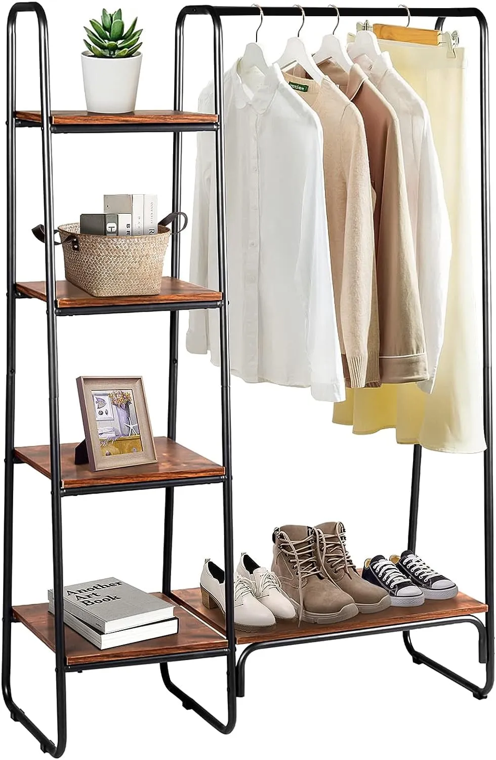 COOKCOK Clothing Rack Garment Rack with Shelves Wardrobe Rack Freestanding Closet Racks with Metal Hanger Rod and 4-Tier Wood Shelves Heavy Duty Clothes Rack for Bedroom Living Room Entryway, Brown