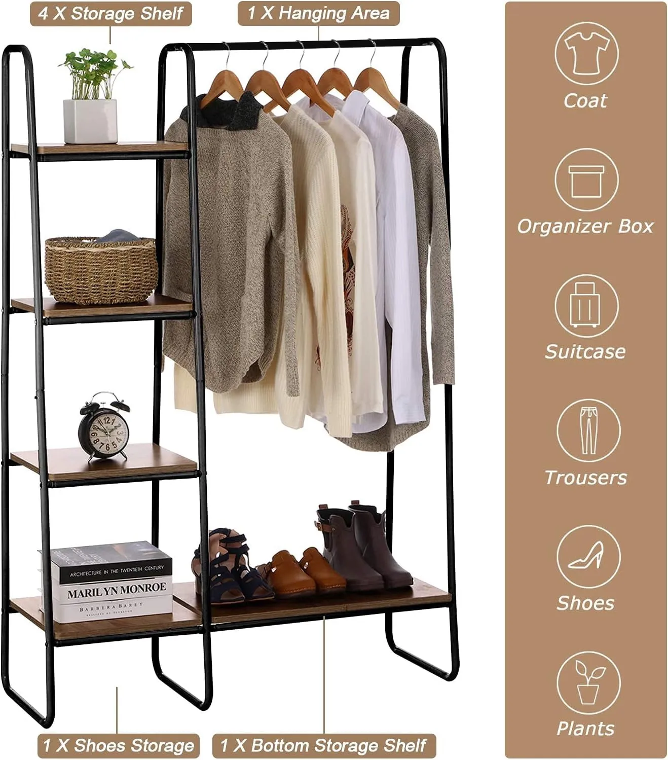 COOKCOK Clothing Rack Garment Rack with Shelves Wardrobe Rack Freestanding Closet Racks with Metal Hanger Rod and 4-Tier Wood Shelves Heavy Duty Clothes Rack for Bedroom Living Room Entryway, Brown