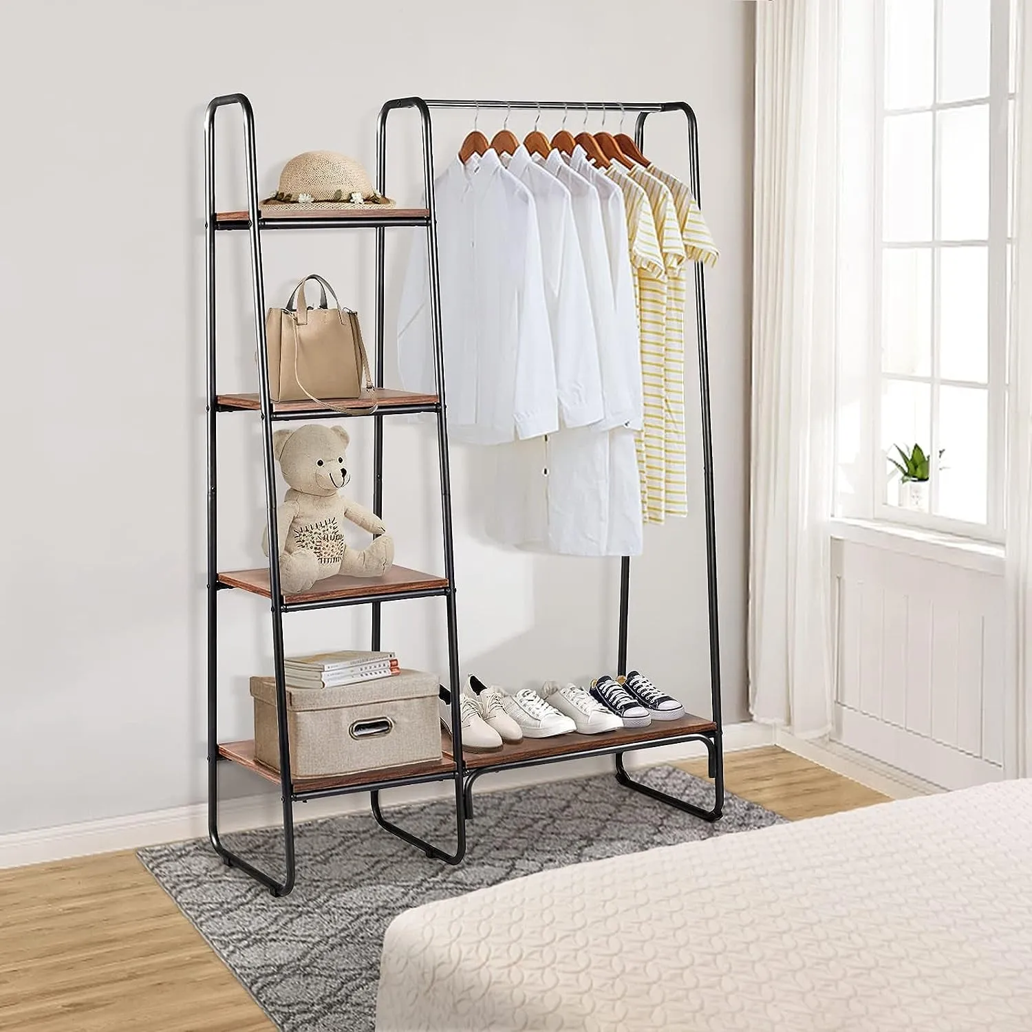 COOKCOK Clothing Rack Garment Rack with Shelves Wardrobe Rack Freestanding Closet Racks with Metal Hanger Rod and 4-Tier Wood Shelves Heavy Duty Clothes Rack for Bedroom Living Room Entryway, Brown
