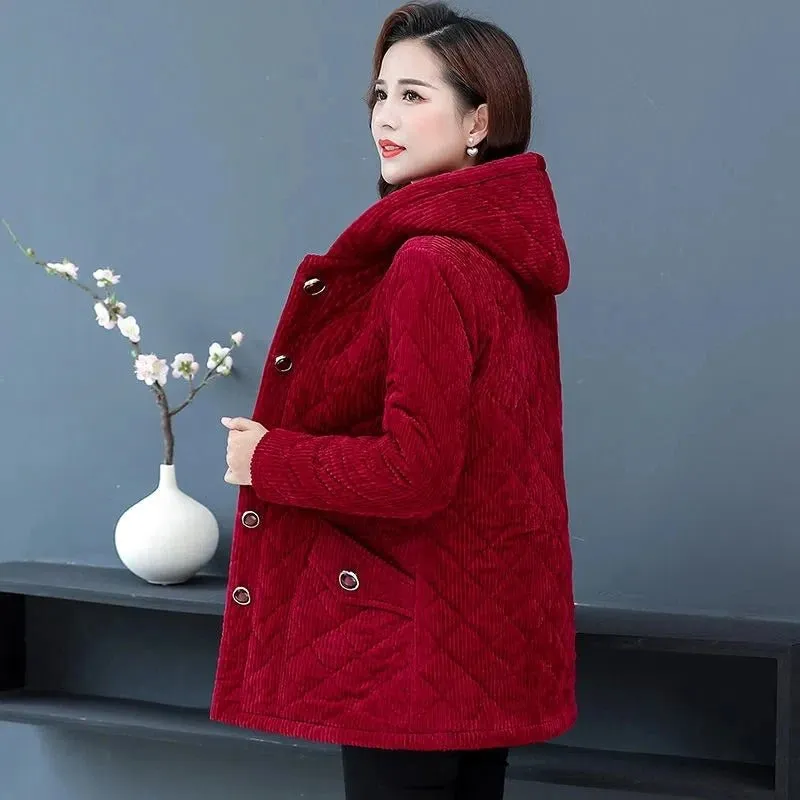Corduroy Jackets for Women Solid Loose Hooded Outerwear Warm Casual Overcoats