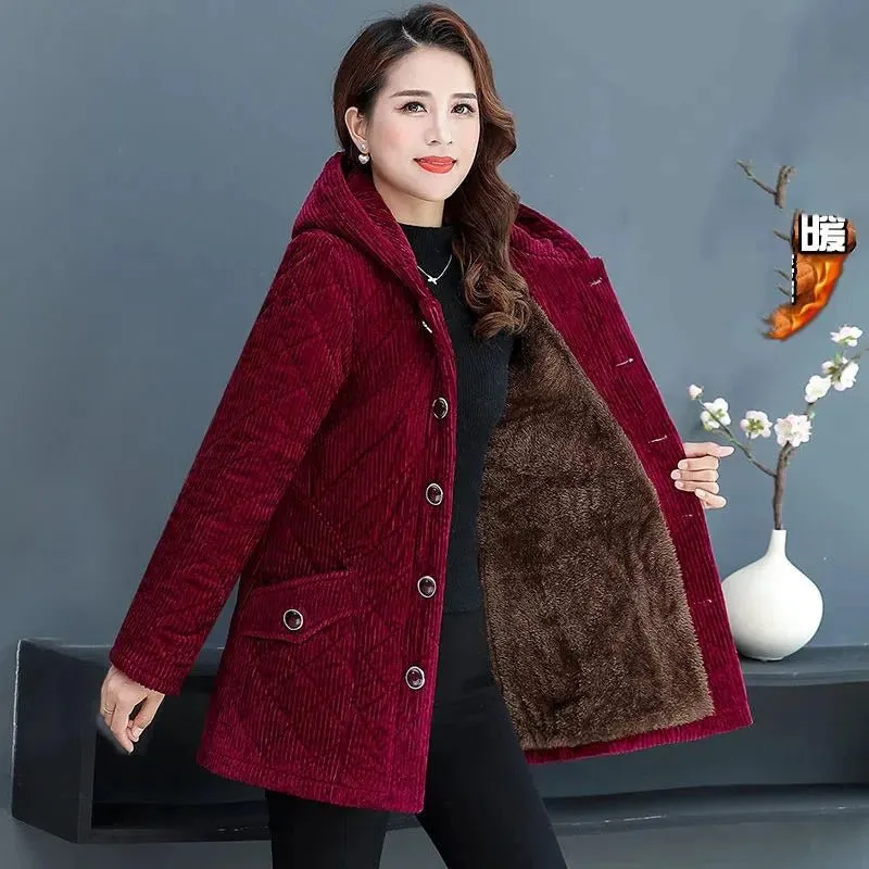 Corduroy Jackets for Women Solid Loose Hooded Outerwear Warm Casual Overcoats