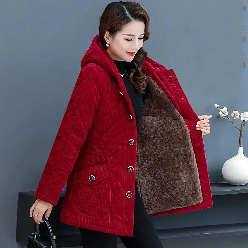 Corduroy Jackets for Women Solid Loose Hooded Outerwear Warm Casual Overcoats