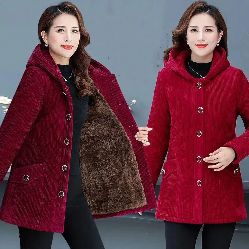 Corduroy Jackets for Women Solid Loose Hooded Outerwear Warm Casual Overcoats