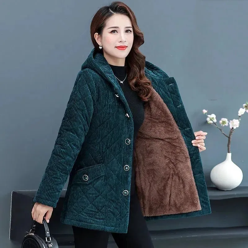 Corduroy Jackets for Women Solid Loose Hooded Outerwear Warm Casual Overcoats