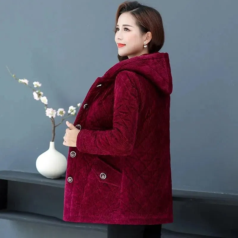 Corduroy Jackets for Women Solid Loose Hooded Outerwear Warm Casual Overcoats