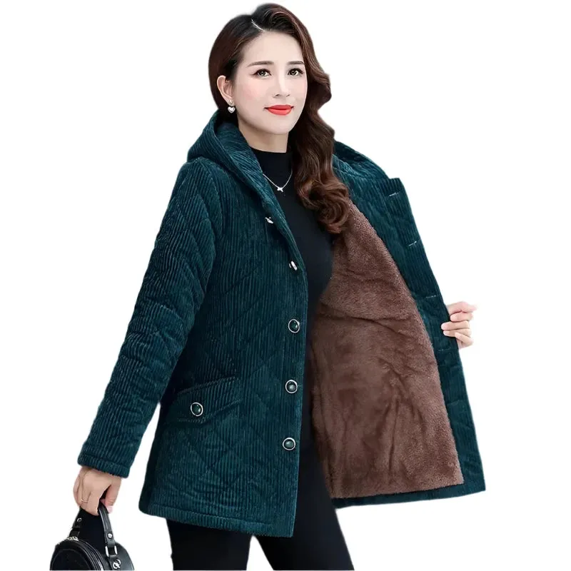 Corduroy Jackets for Women Solid Loose Hooded Outerwear Warm Casual Overcoats