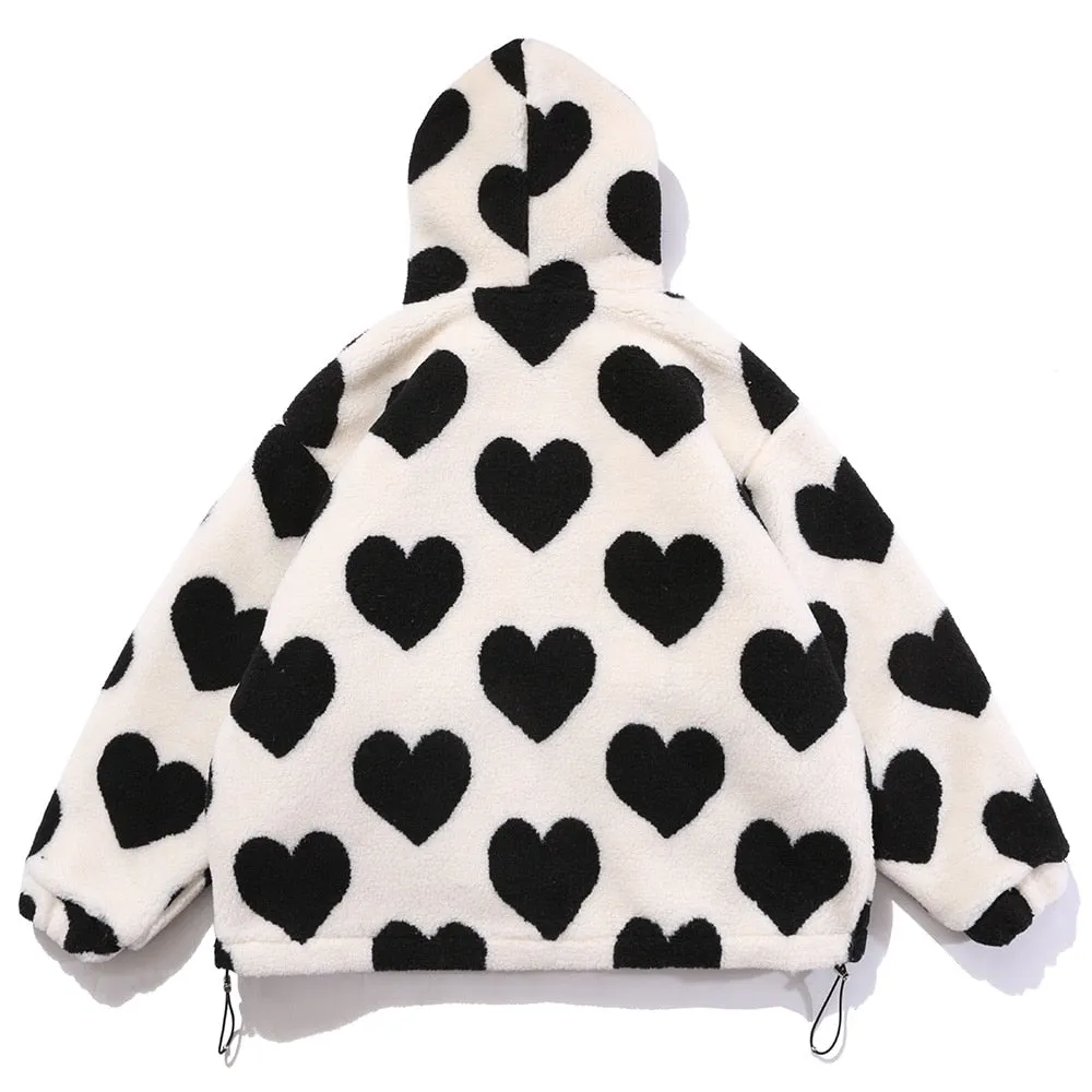 Cute Heart-shaped Print Lambswool Winter Jacket Couple Streetwear