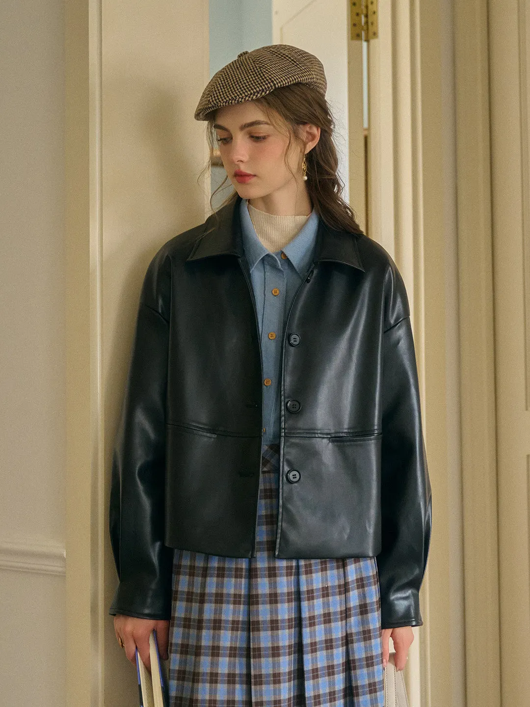 Dania Classic Notched Collar Straight-Cut PU Jacket