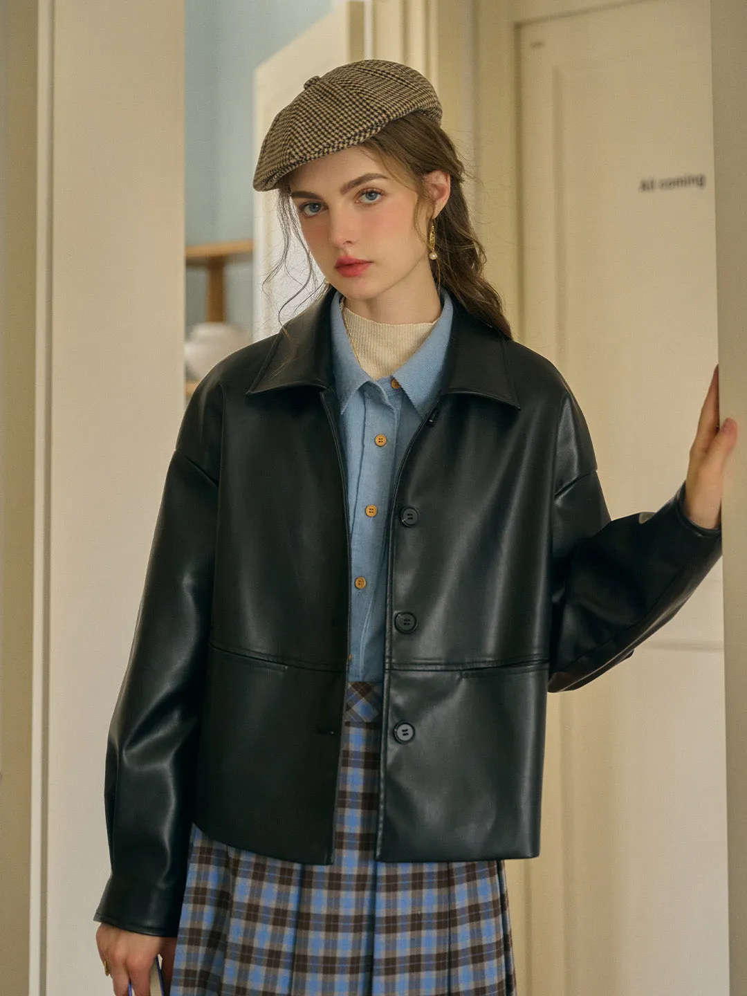 Dania Classic Notched Collar Straight-Cut PU Jacket