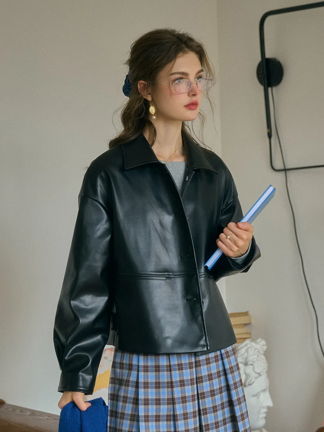 Dania Classic Notched Collar Straight-Cut PU Jacket