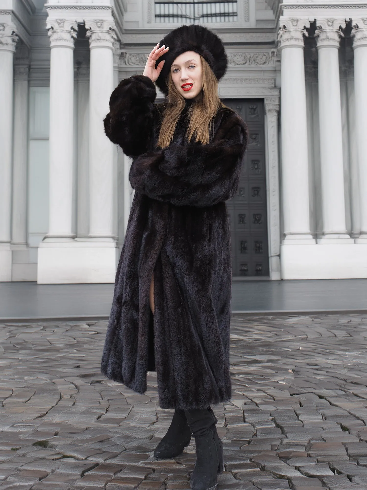 Dark Ranch Black Mink Fur Coat S Classic Design Bonus Mink Hat