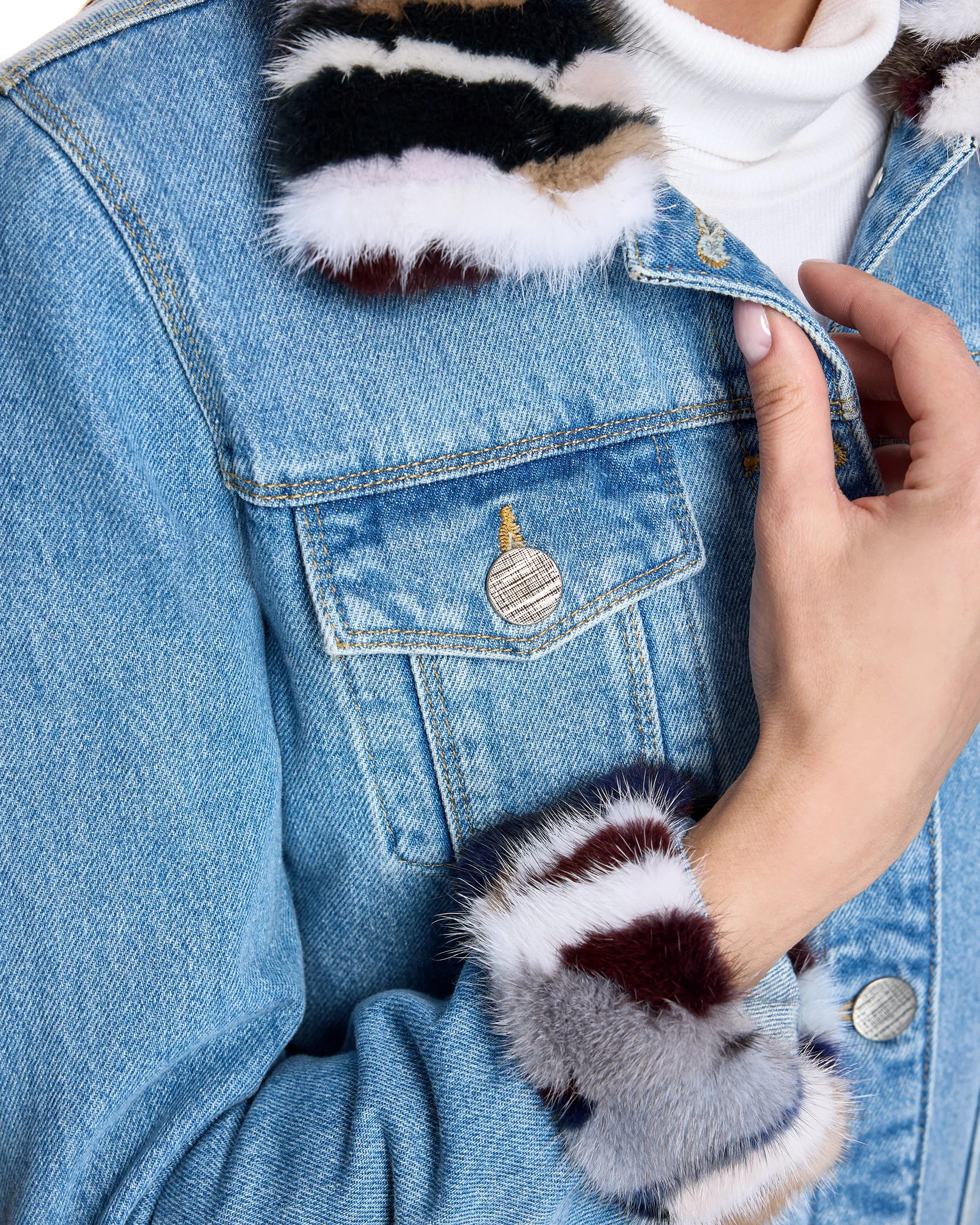 Denim Jacket with mink collar and cuff