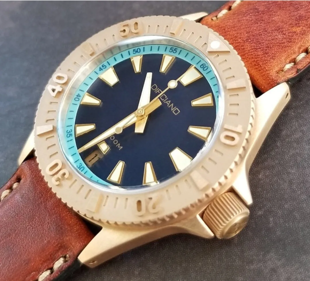 DIFICIANO Barracuda Brushed Blue Bronze Lumed chapter ring 300m Dive Watch 36mm