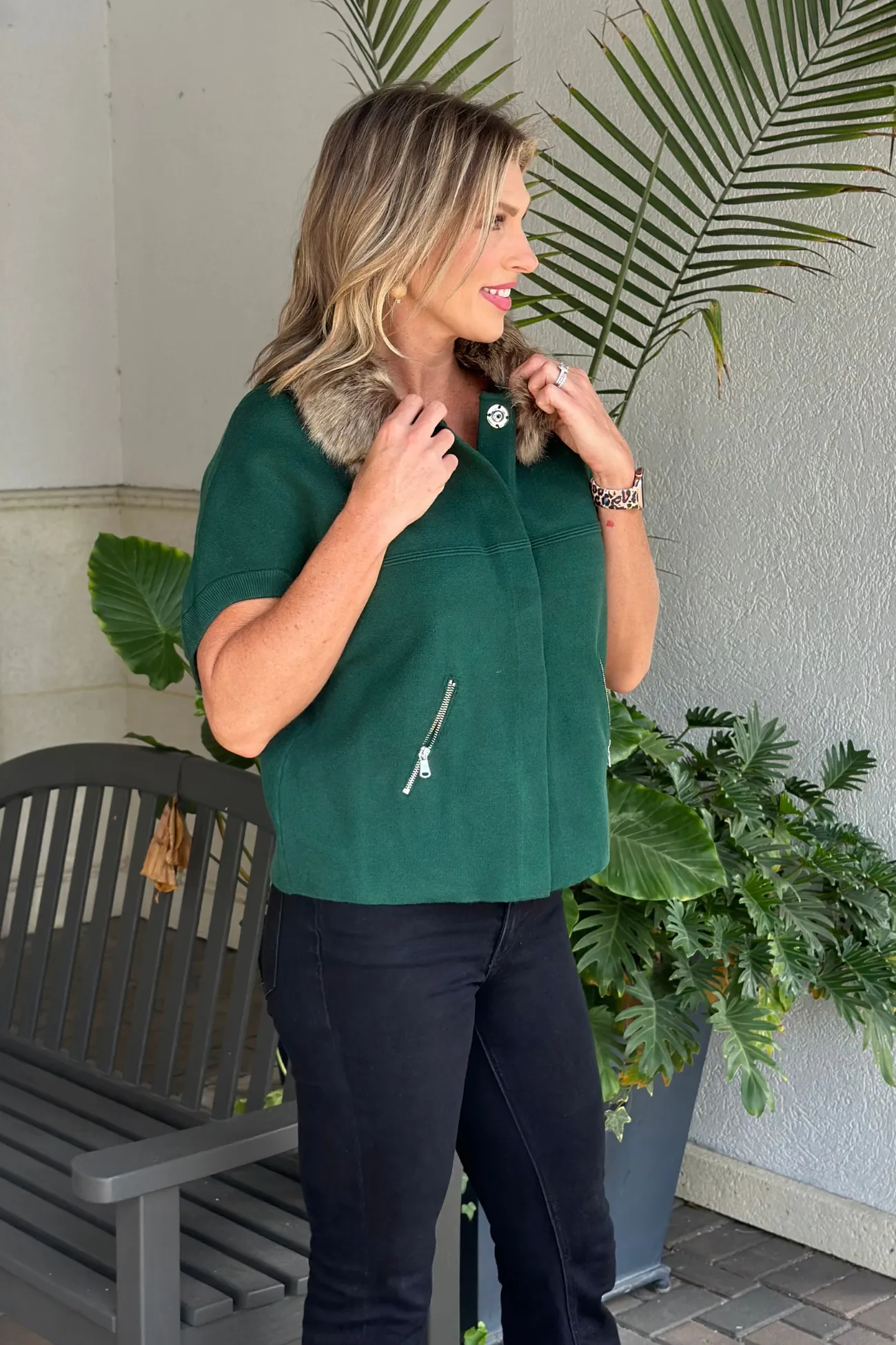 Dolce Cabo Faux Fur Collar Short Sleeve Cardigan-Hunter Green