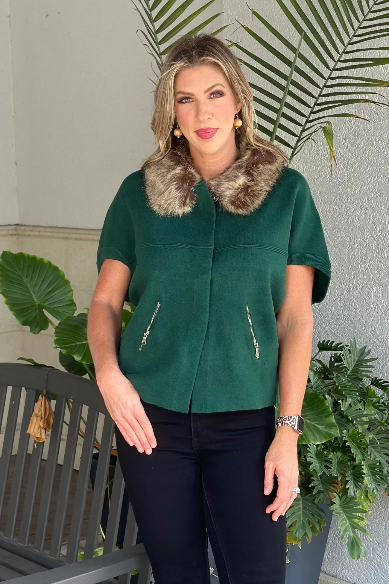 Dolce Cabo Faux Fur Collar Short Sleeve Cardigan-Hunter Green