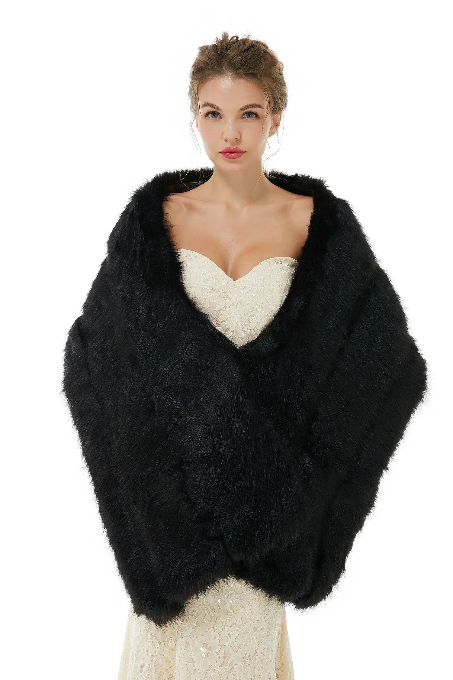 Elegant Black Stripe Faux Fur Wedding Shawl For Bride