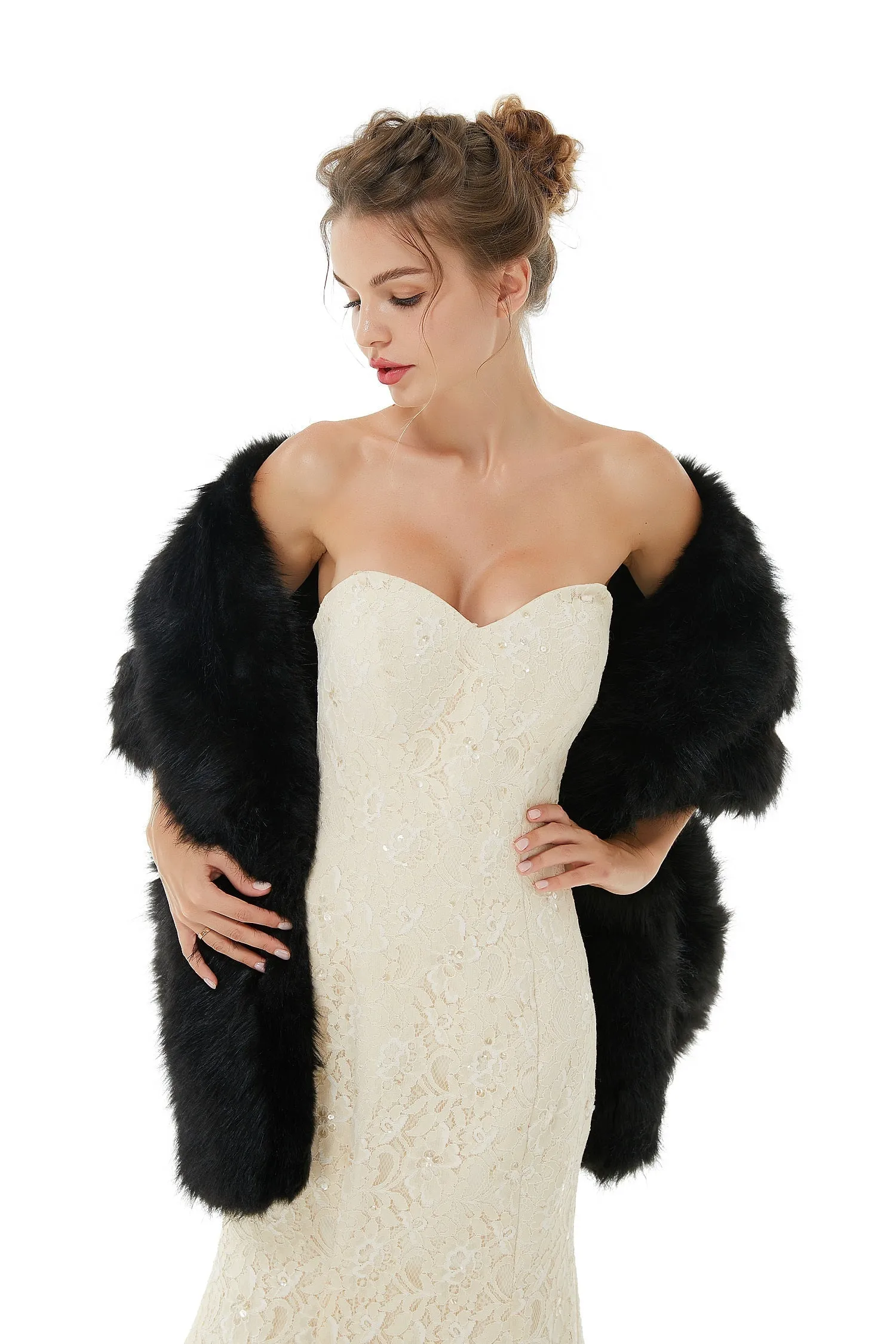 Elegant Black Stripe Faux Fur Wedding Shawl For Bride