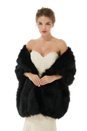 Elegant Black Stripe Faux Fur Wedding Shawl For Bride