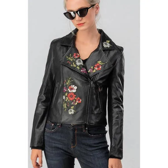 Embroidered Patch Faux Leather Biker Jacket