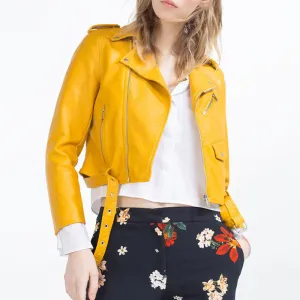 Europen style bomber orange leather jacket women shorts women Sashes jaqueta couro casual 4 color leather jackets