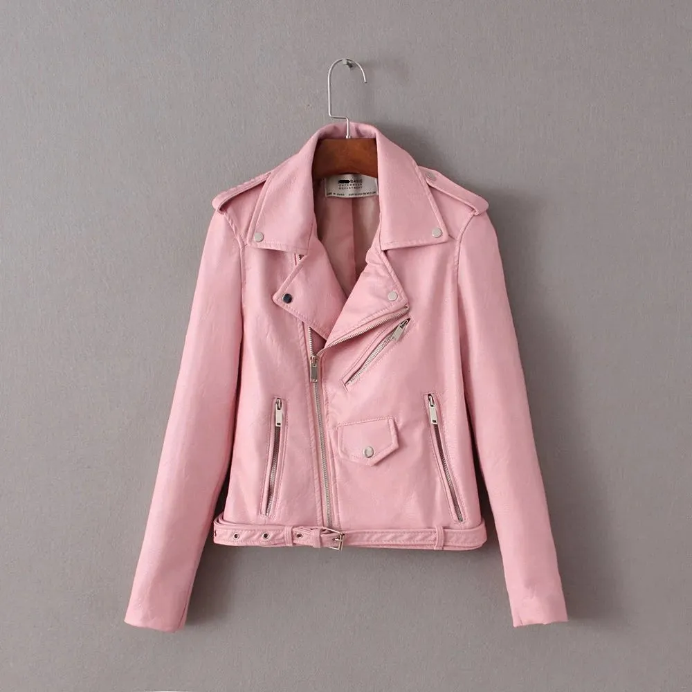 Europen style bomber orange leather jacket women shorts women Sashes jaqueta couro casual 4 color leather jackets
