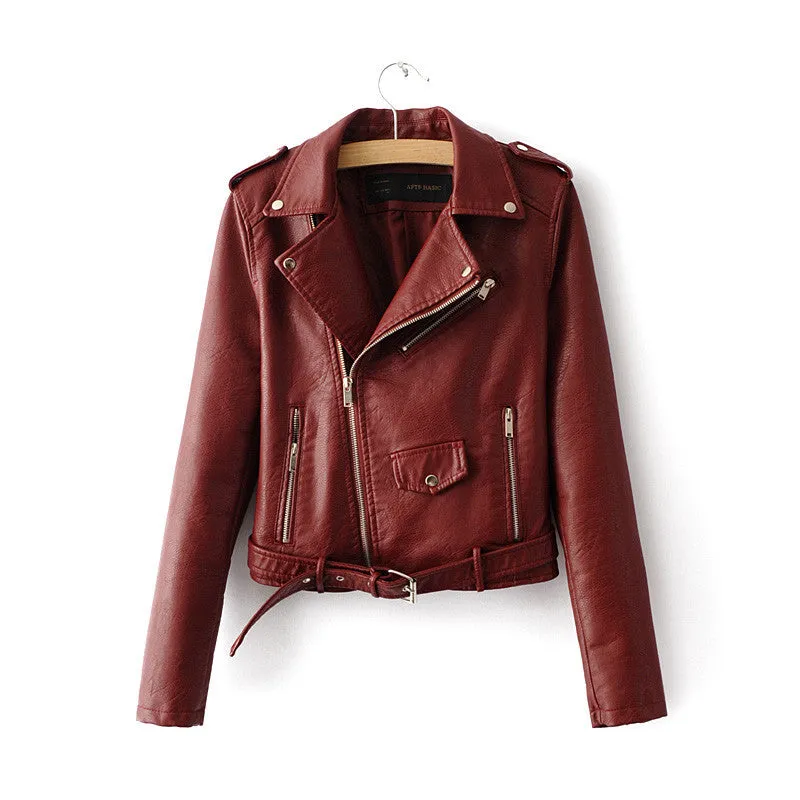 Europen style bomber orange leather jacket women shorts women Sashes jaqueta couro casual 4 color leather jackets