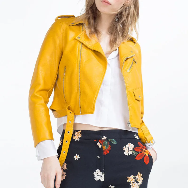 Europen style bomber orange leather jacket women shorts women Sashes jaqueta couro casual 4 color leather jackets