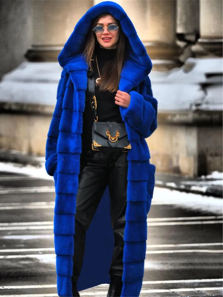 Extra Cozy Warm Faux Fur Open Front Pocket Hooded Long Coat