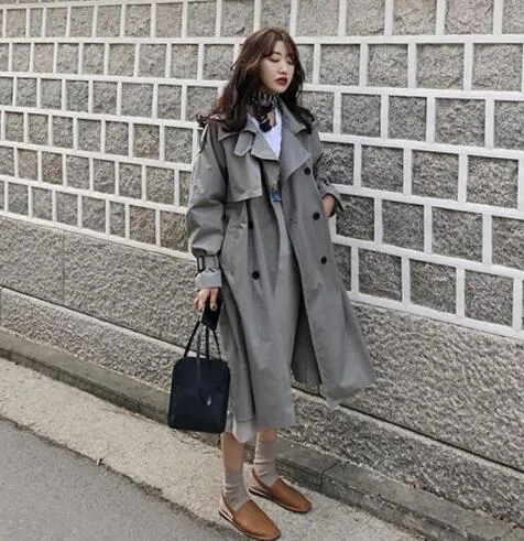 Fashion Fall Winter casual cotton trench coat with sashes oversize vintage long coats overcoats