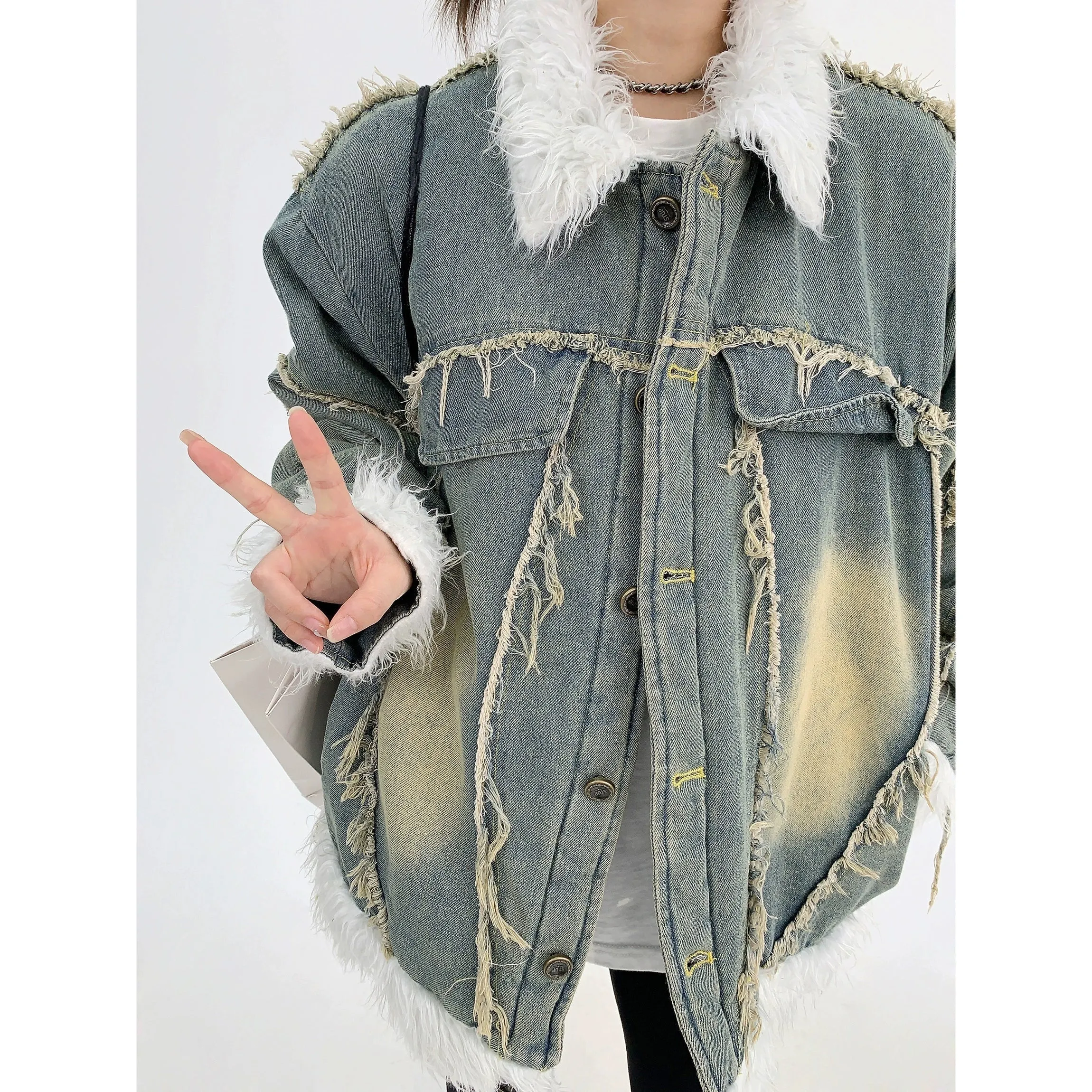 Faux Fur Trim Frayed Denim Jacket